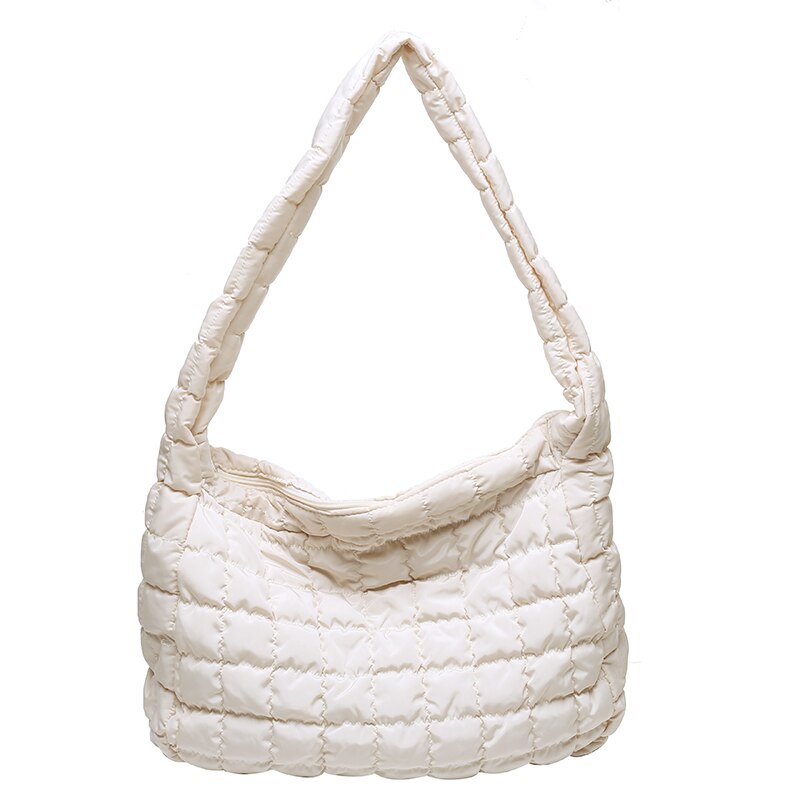 Novo inverno pena para baixo acolchoado hobo sacos para as mulheres 2020 treliça diamante quente crossbody saco feminino grande espaço algodão bolsa de ombro: white