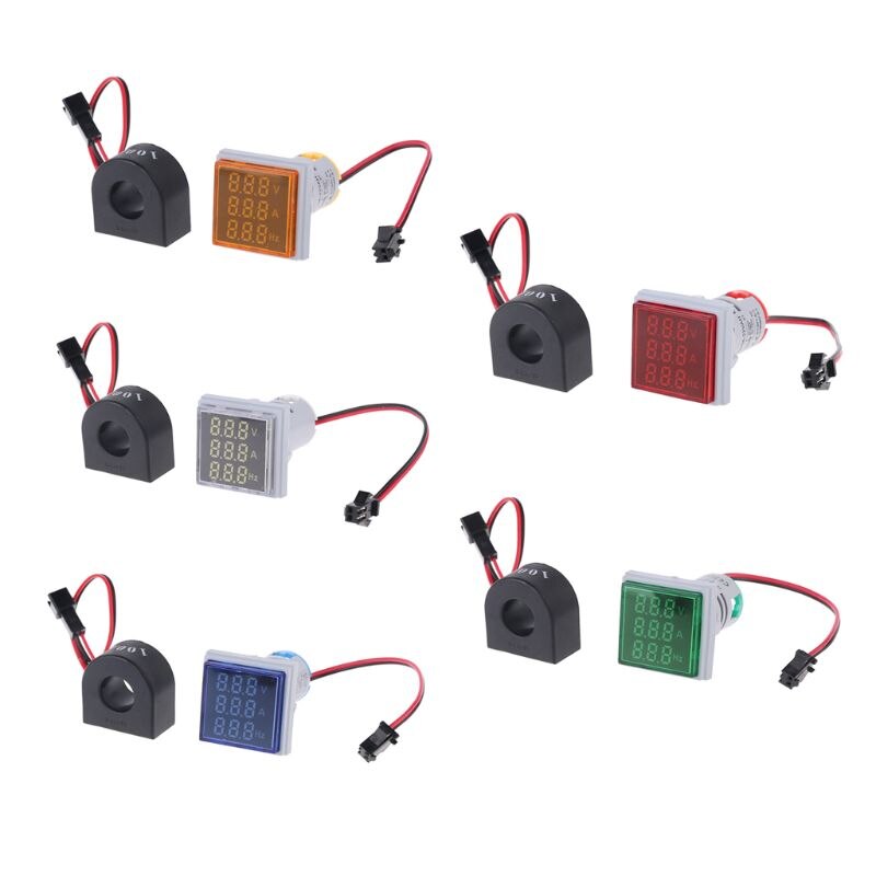 Digital 3in1 AC Ammeter Voltmeter Hz Current Frequency Meter Square Signal Light 22mm Digital Voltage Amp Hz Led Lamp Indicator