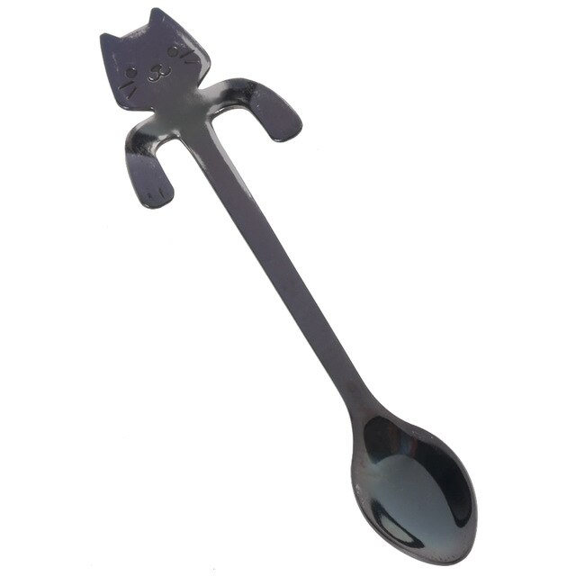 Cuchara con forma de gato, cuchara para té o café, taza colgante de acero inoxidable, cucharas de té, minicuchara largo lindo para gatito, cuchara agitadora para postre: black
