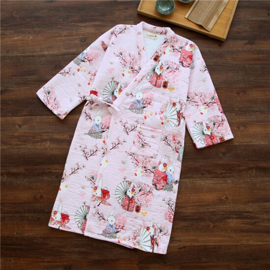 Japanese Yukata Robes Kimono Pajamas Sets Winter Warm Thickening Cotton Bathrobe Pyjamas Loose Style Sleepwear Leisure Lovers: PINK / L