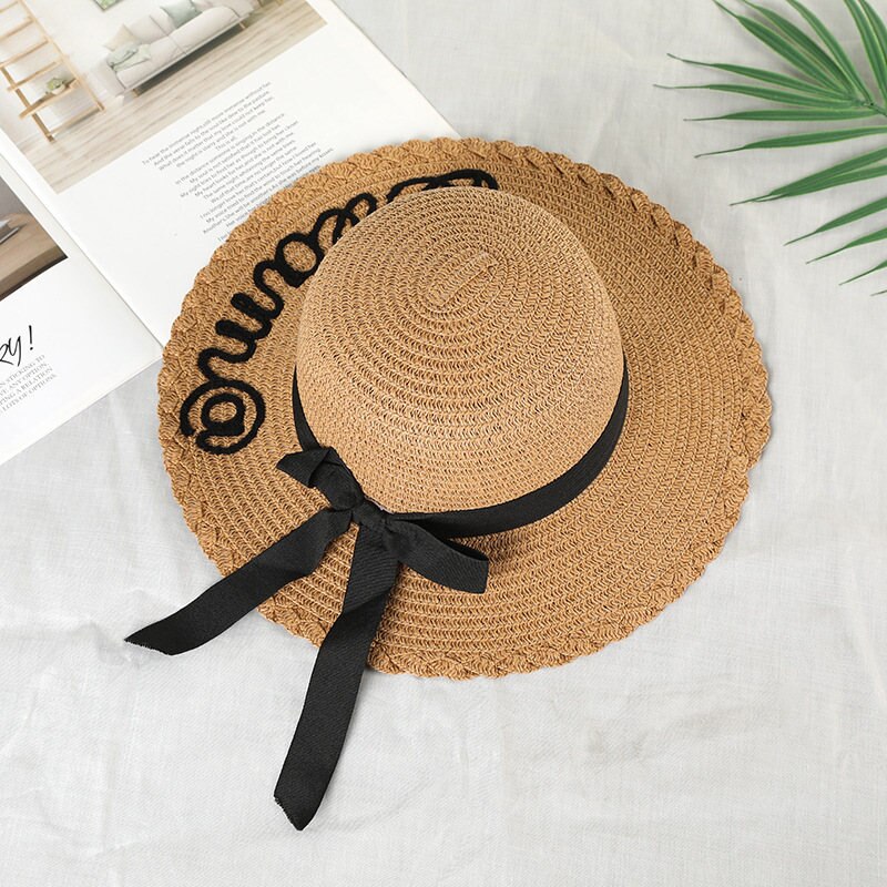 Chapeau de soleil pour enfants, chapeau de soleil pour enfants, mignon, chapeau avec nœud, en paille, fait à la main, pour femmes, chapeau de plage à grand bord, pour filles, décontracté: Kaki / S