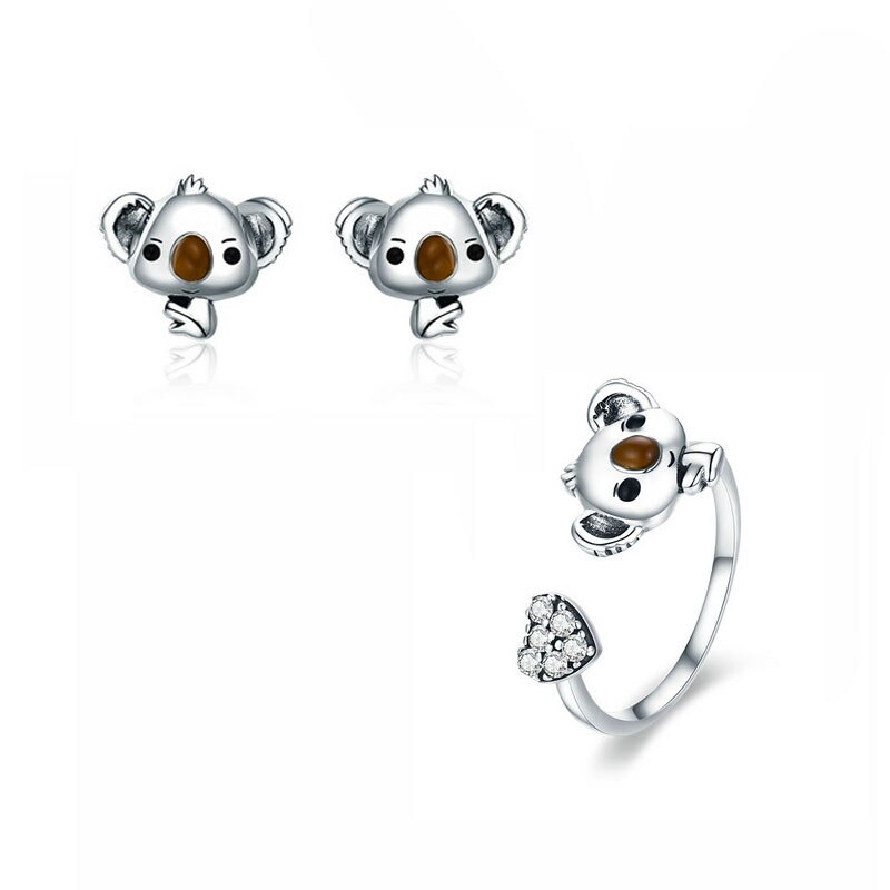 Bisaer ægte 925 sterling sølv smykker sæt koala bjørn mor kærlighed hjerte halskæde ringe sæt kvinder smykker sæt sølv 925 smykker: Øreringe ring