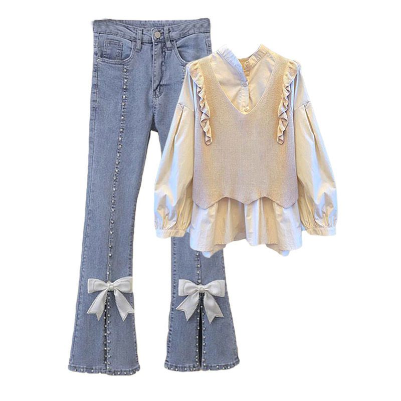 Autumn Ruffle Long Sleeve Knitted Sweater Splice Shirt Bowknot Jeans Two Piece Women's Pants Set