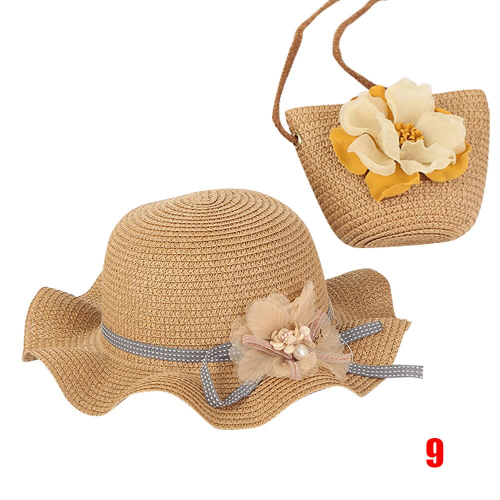 Women Girls Straw Sun Hat + Cute Flower Straw Shoulder Bag Set Summer Beach Kit -B5: 9