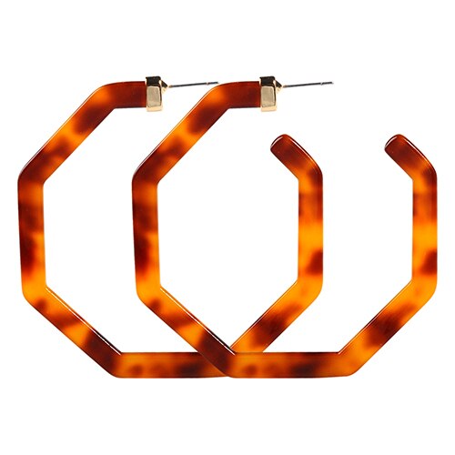 11 Colors Available Women Hexagon Acrylic/Resin Big Hoop Earrings Colorful Acid Acetate Jewelry: Brown