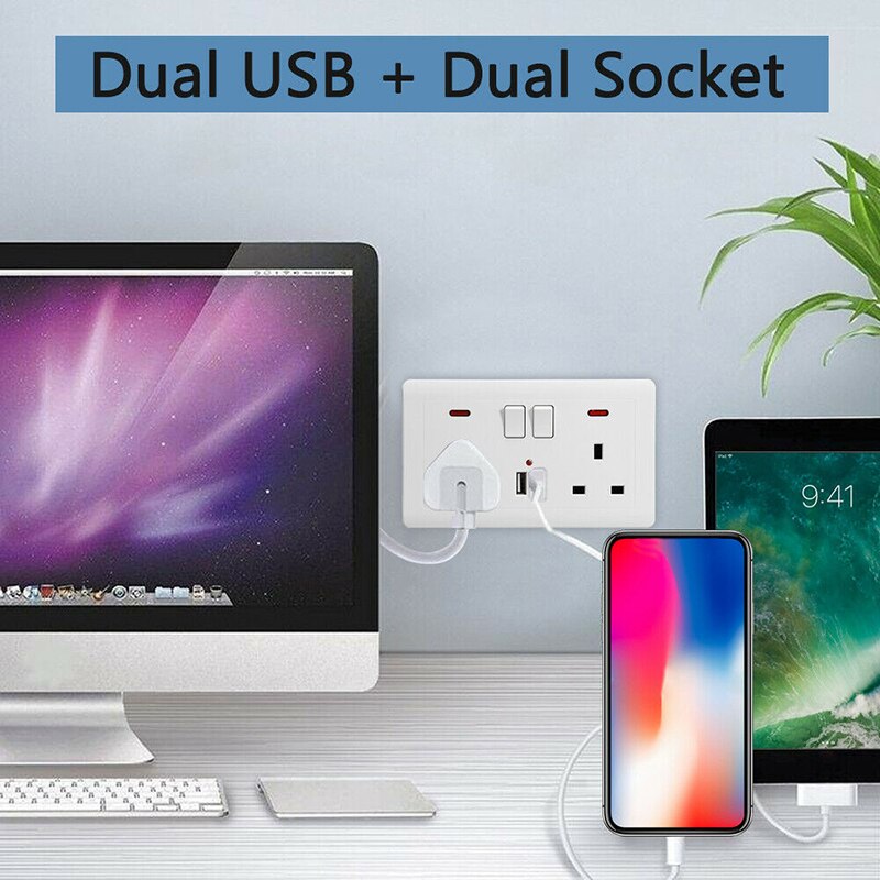 13A Dubbele Muur Uk Plug Socket 2 Gang Multifunctionele Socket Met Usb Lader 2 Port Muur Outlets Vlakke Plaat huis Decor