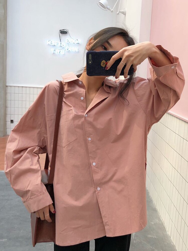 Beiyingni Frühling Herbst Frauen Hemden Weiß schlicht verlieren Übergroßen Blusen Weibliche Spitzen verlieren BF Koreanische Stil Blusas Taschen: Rosa / XL