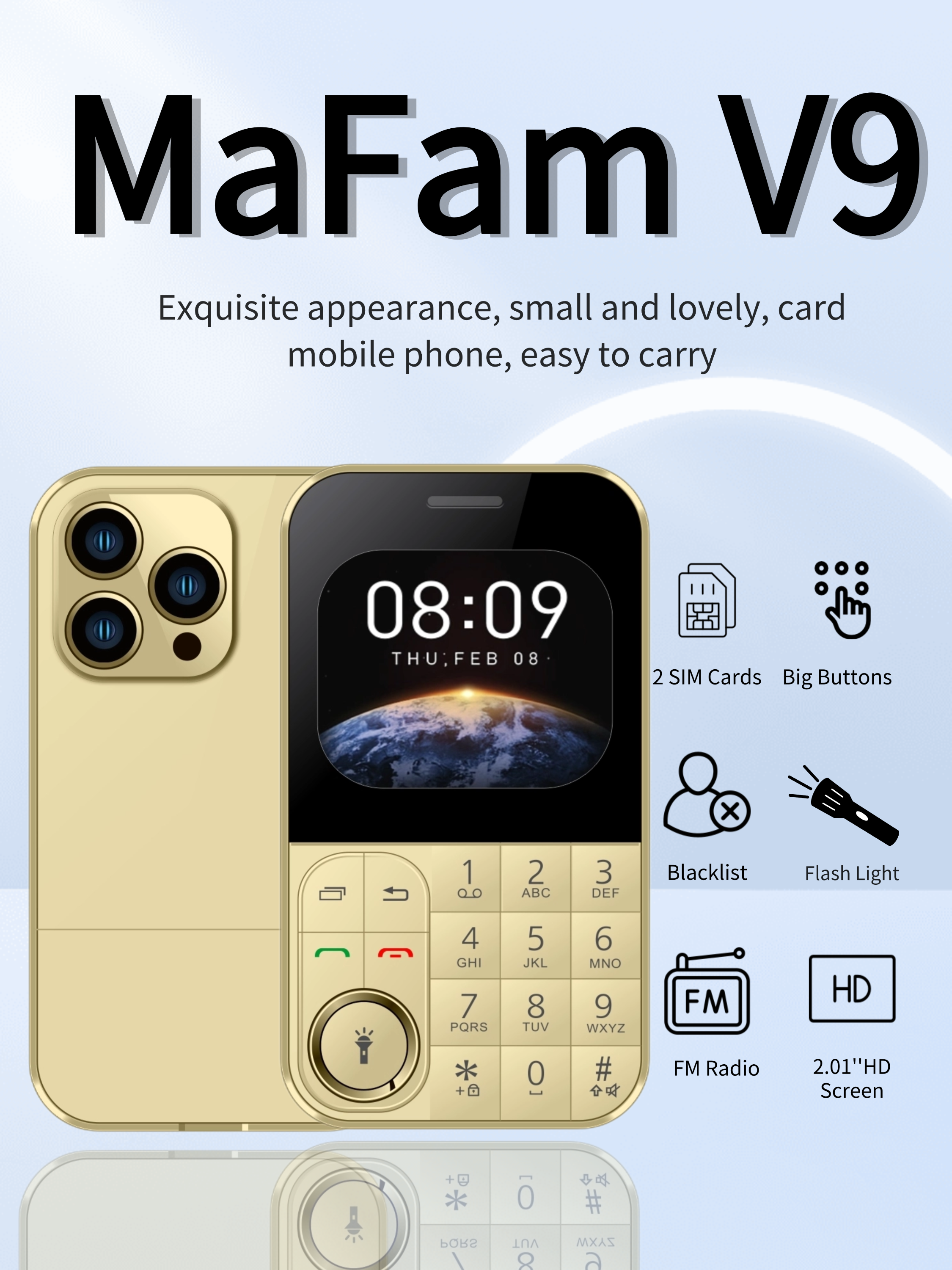 Tarjeta súper delgada para teléfono móvil, SIM Dual, pantalla HD de 2,0 pulgadas, tamaño de bolsillo, cambiador de voz mágico, botón grande, Dial LED de 8 velocidades