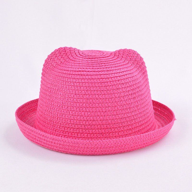 Chapeau de paille mignon avec des oreilles d'été en plein air enfants disquette Panama chapeau enfants filles garçons nuances plage chapeau de soleil: rose red