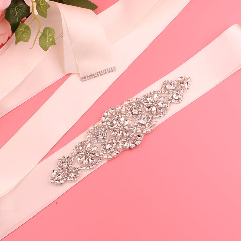 Trouwriem, kristallen bruidsriem, zilveren strass-satijnen bruidsriem voor bruiloftsaccessoires: Ivoor