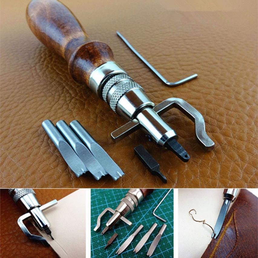 groovers tool for leather wooden handle + steel groove 7 in 1 Leather Edge leather stitching groover