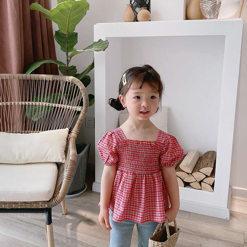 Piger plaid babyskjorter børnefirkantet krave pufærmer kortærmet koreansk sommerskjorte: Rød / 130cm