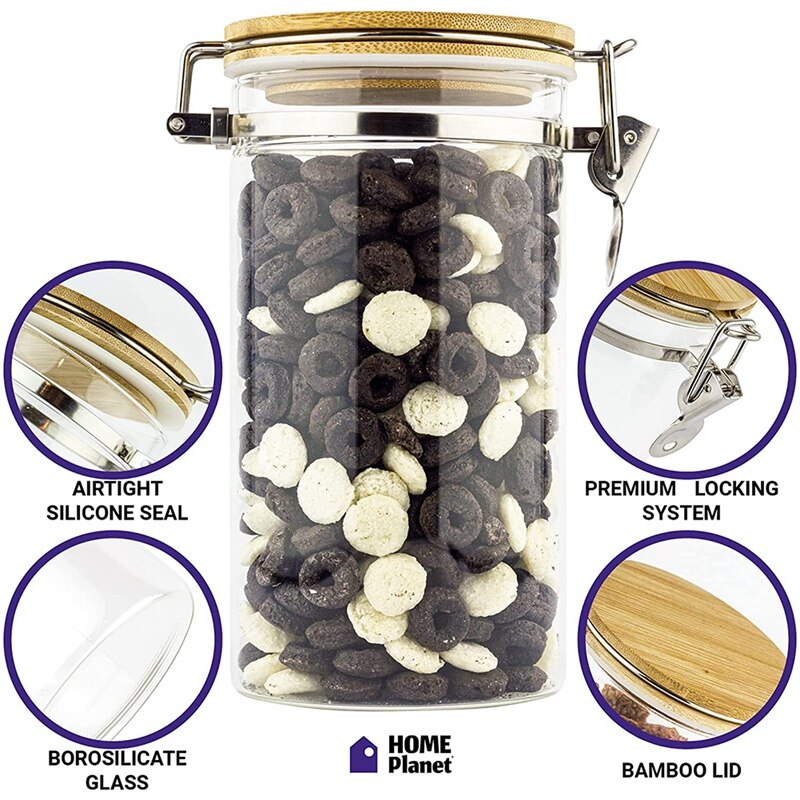 Food Storage Jars With Bamboo Lids Clip Lock Airtight Lids, Glass Jars With Lids, Kitchen Glass Storage Jars With Lids