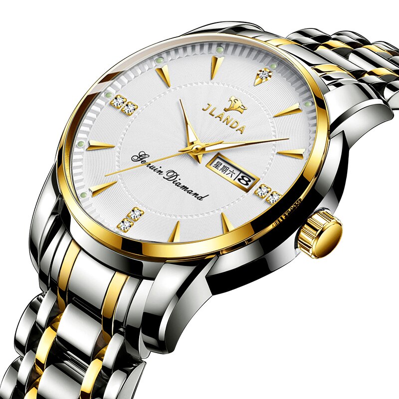 JLANDA-Reloj de pulsera de acero inoxidable para Hombre, Reloj de lujo clásico, de negocios, con fecha y semana, de cuarzo: White Gold