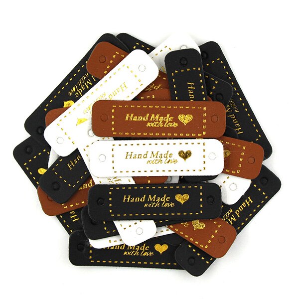 50 st 56 x 15mm etiketter bruna/svarta/vita etiketter handgjorda hjärtmönster läderetikett gjord med kärlek gör det själv kläder sytillbehör: Blanda