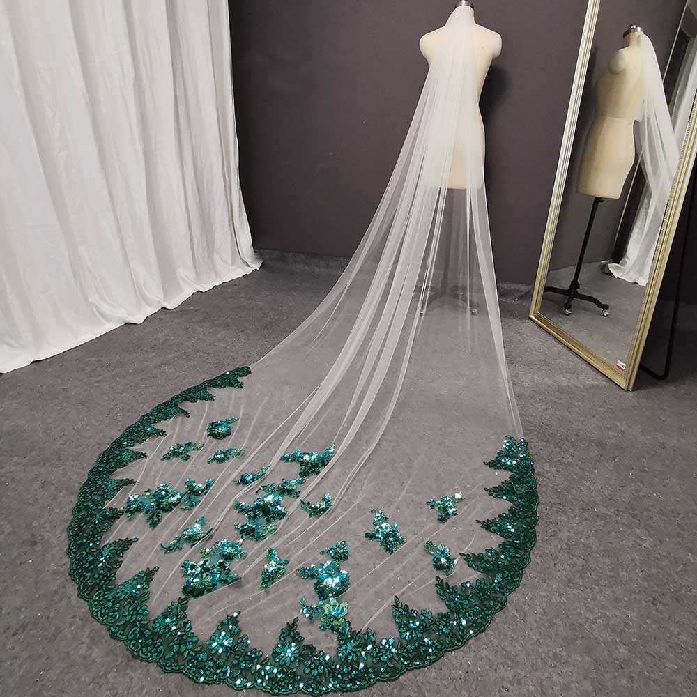 Velo de boda de tul de lujo con lentejuelas de encaje blanco suave verde/marfil con peine 1 capa 3 metros de largo colorido velo de novia