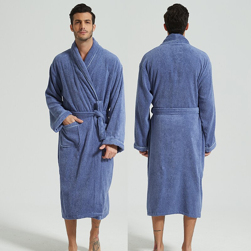 Badstof Heren Badjas Badstof Badjas 100% Katoen Liefhebbers Hotel Gewaden Mannen En Vrouwen Gewaad Badjassen Zachte Sleeprobe: dark blue / L 165-180cm