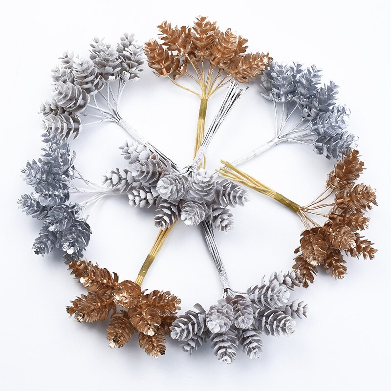 10 stk guld sølv jul fyrretræ kegle kunstige planter diy slik kasse bryllup dekorative blomster hjem dekoration tilbehør