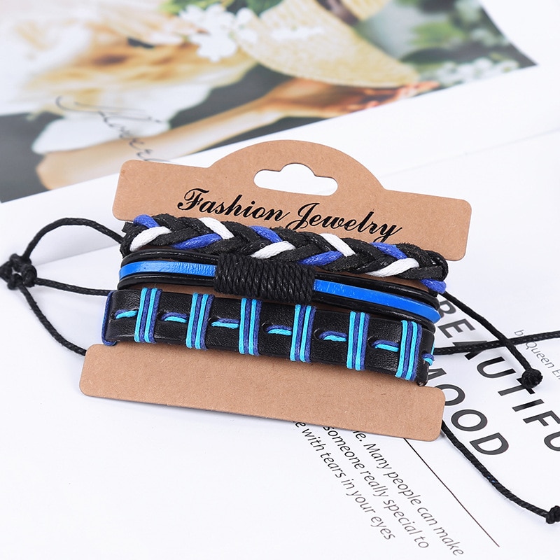 Style 3pcs/set Wrap Bracelets Men Charm Blue Leather Rope Brazalete Cuir Homme Handmade Adjustable Braslet Pulseras Joyas