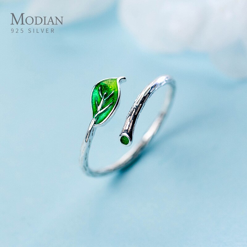 Modian Groen Emaille Bladeren Tak Ring Voor Vrouwen Echt 925 Sterling Zilveren Plant Gratis Grootte Ring Fijne Sieraden