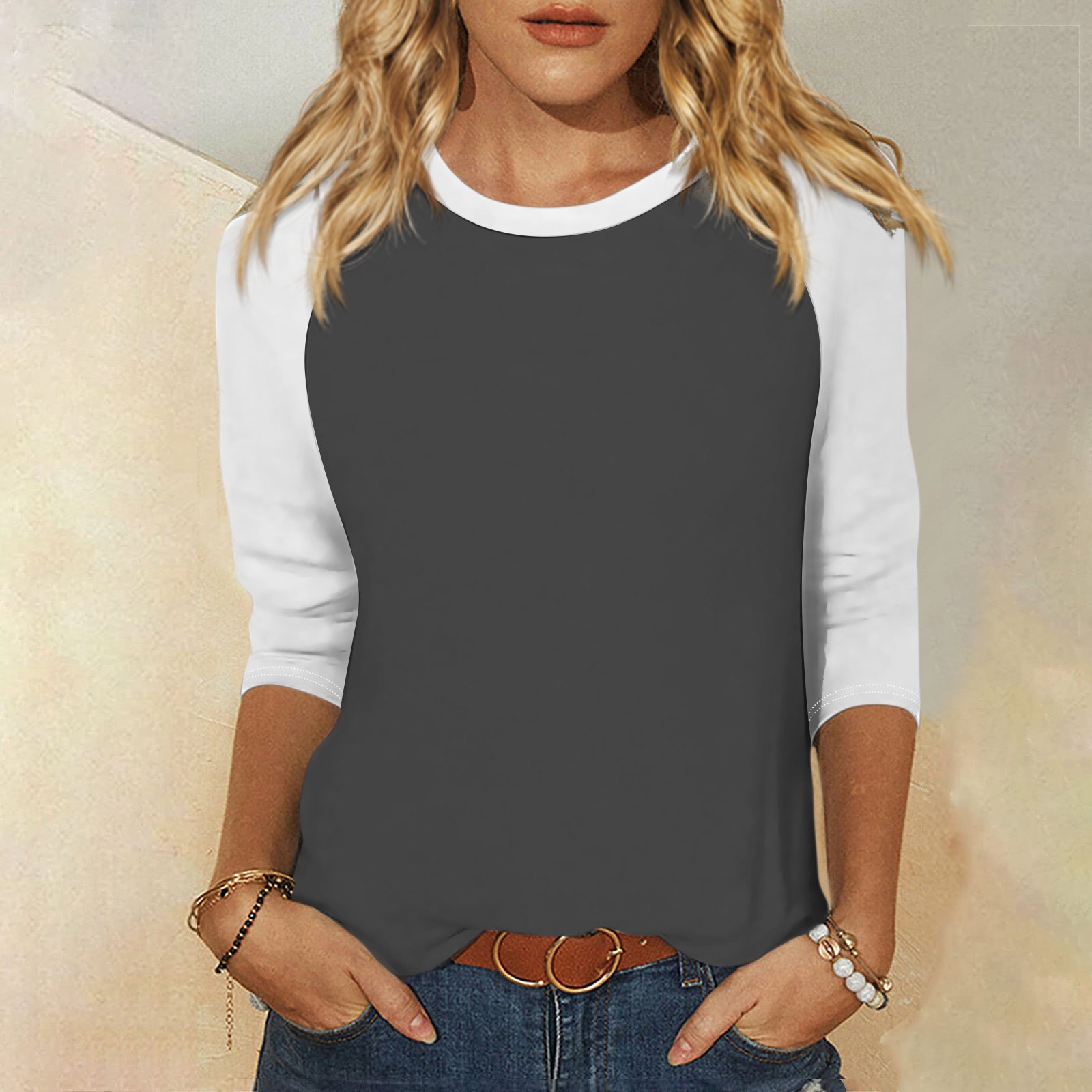 Chemise pour femmes décontracté manches Raglan col rond manches 3/4 ample Patchwork imprimé T-Shirt haut pour femme Ropa De Mujer: S / Gris foncé