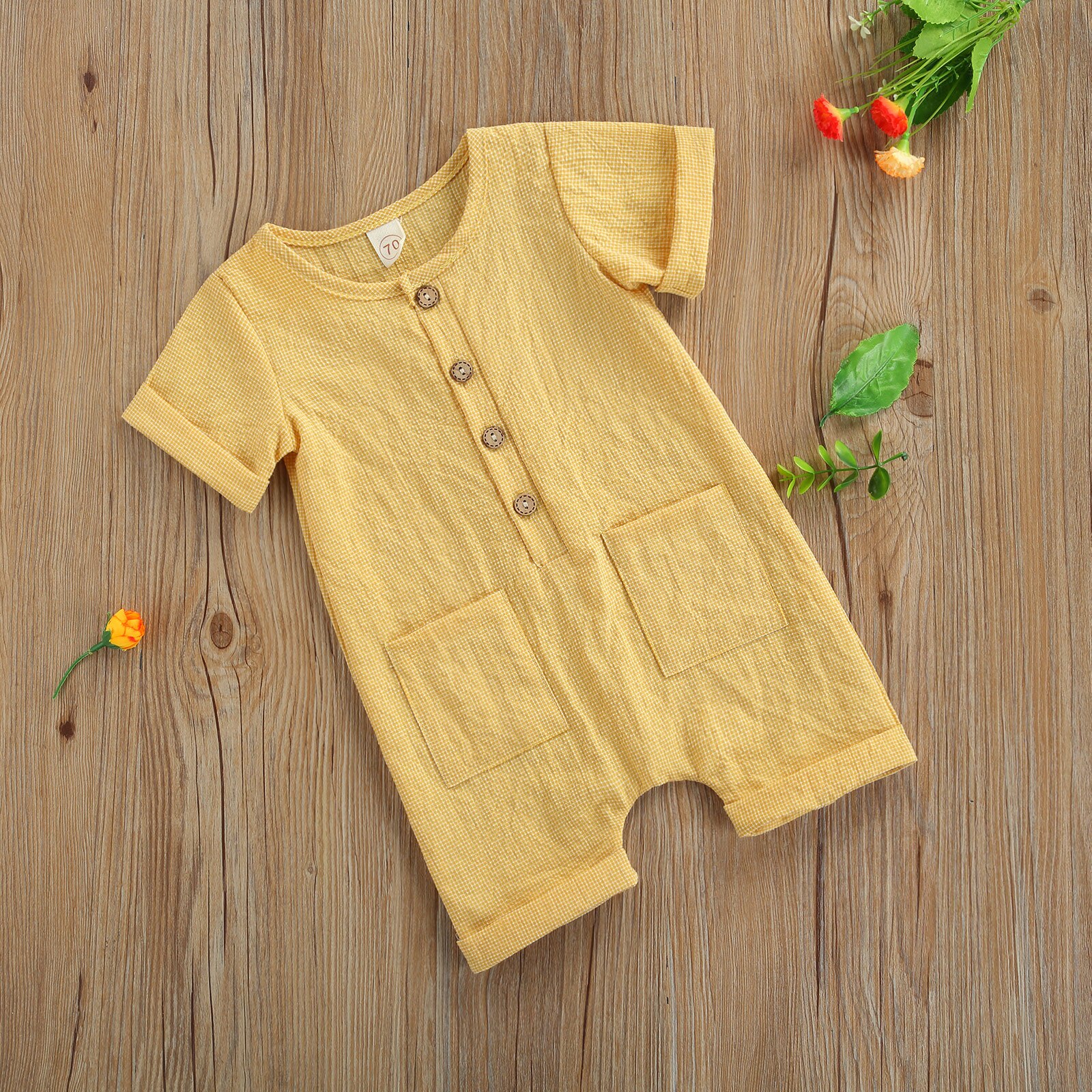 Baby Jongens Meisjes Jumpsuit, Baby Zomer Creatieve Gele Ronde Kraag Korte Mouw Pocket Decoratie Borst Knop Toevallige Romper