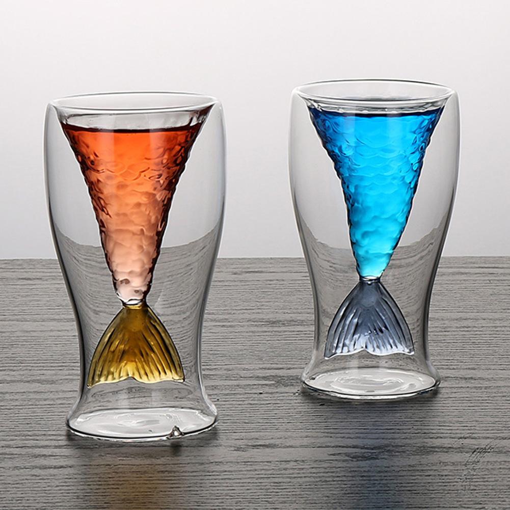 Set of 2 100ml Mermaides Fish Tail Wine Glass Double Layer Beer Whiskey Cocktail Mug Cup