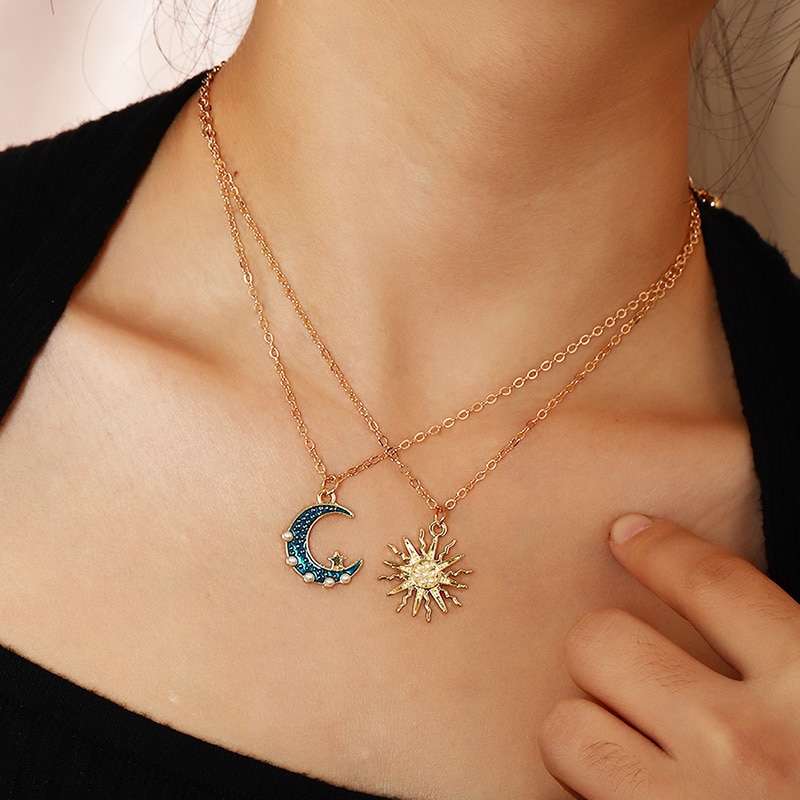 Vintage Double Necklace Pearl Sun Moon Necklace for Women Pendant Choker Necklace Chains for Jewelry Indie Aesthetic Hippie: Default Title