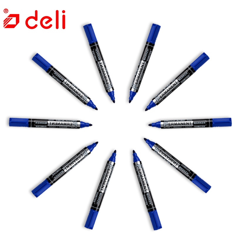 Deli 10 stks Permanente Markers Pennen Fijne Punt Blauwe Inkt 0.5mm-1mm Pen Papelaria Markeerstift School Kantoorbenodigdheden