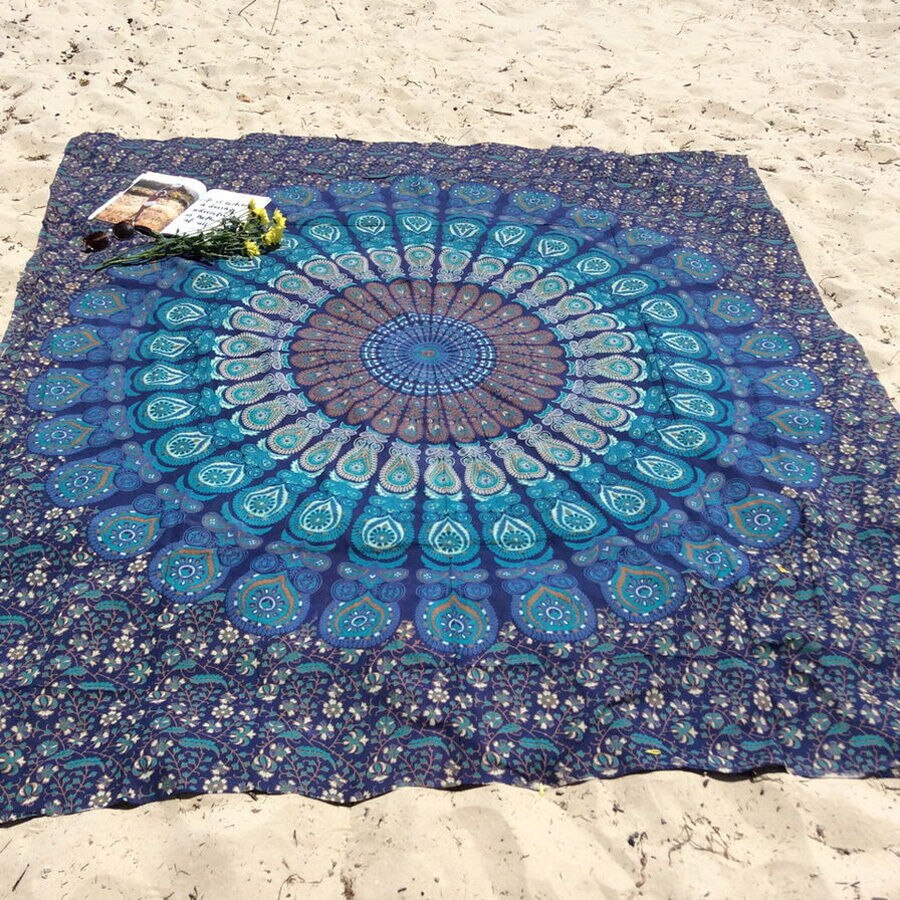 210 x 150cm bærbar bevægelig boho indien mandala chiffon gobelin væghængende seng manta strandhåndklæde 3 farver: Mørkeblå