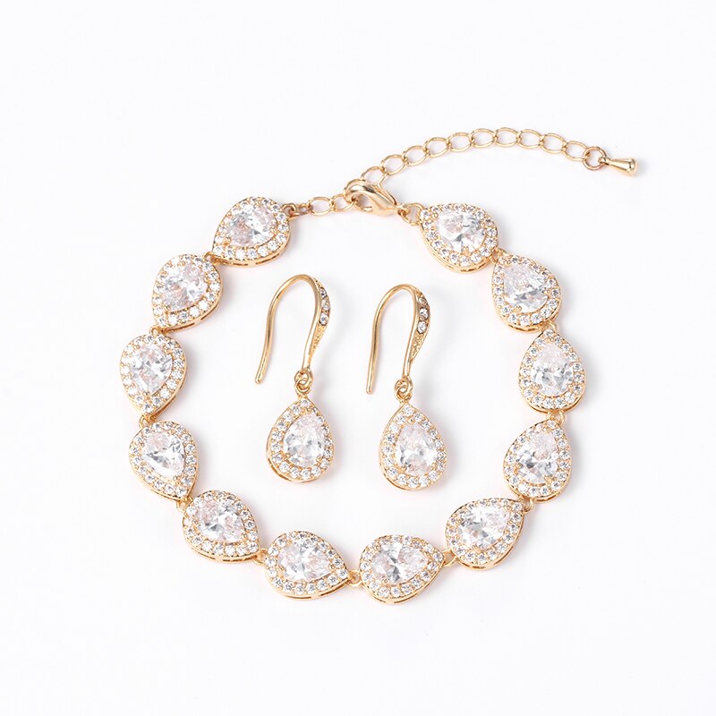 Weimanjingdian Halo Teardrop Zirconia Cz Bruiloft Armband En Oorbel Bruids Sieraden Set Bruidsmeisje Sieraden: SET Yellow Gold