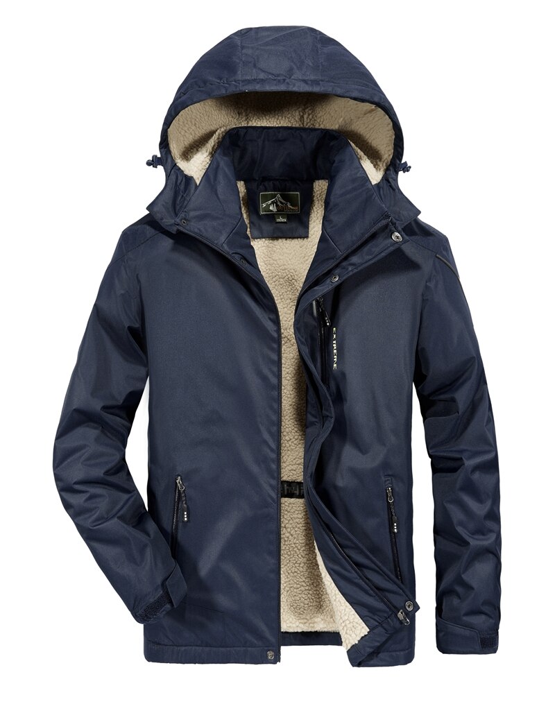 Windproof Hoodie Coat Warm Keep Cotton Waterproof Outdoor Jacket Men: blue / XXL
