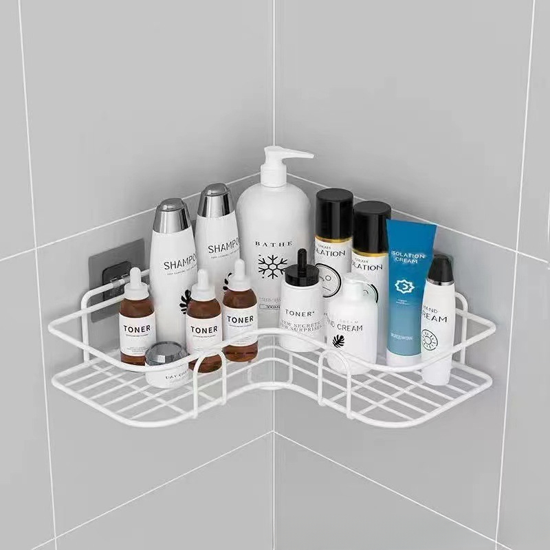 Montado na parede do banheiro prateleira de canto armazenamento ferro chuveiro dreno cesta cosméticos rack shampoo titular organizador do banheiro prateleiras parede: Cinza claro