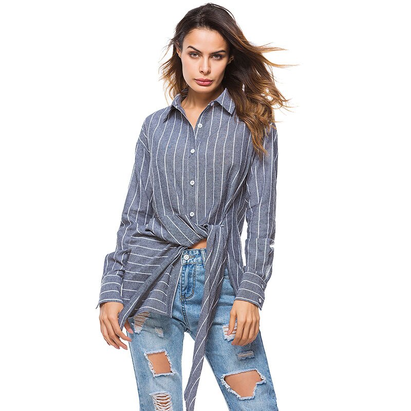 Las mujeres blusa de rayas camisa túnica blusa solapa de manga larga de rayas camisas Tops de oficina de mujer Blusas Camisa larga para las mujeres