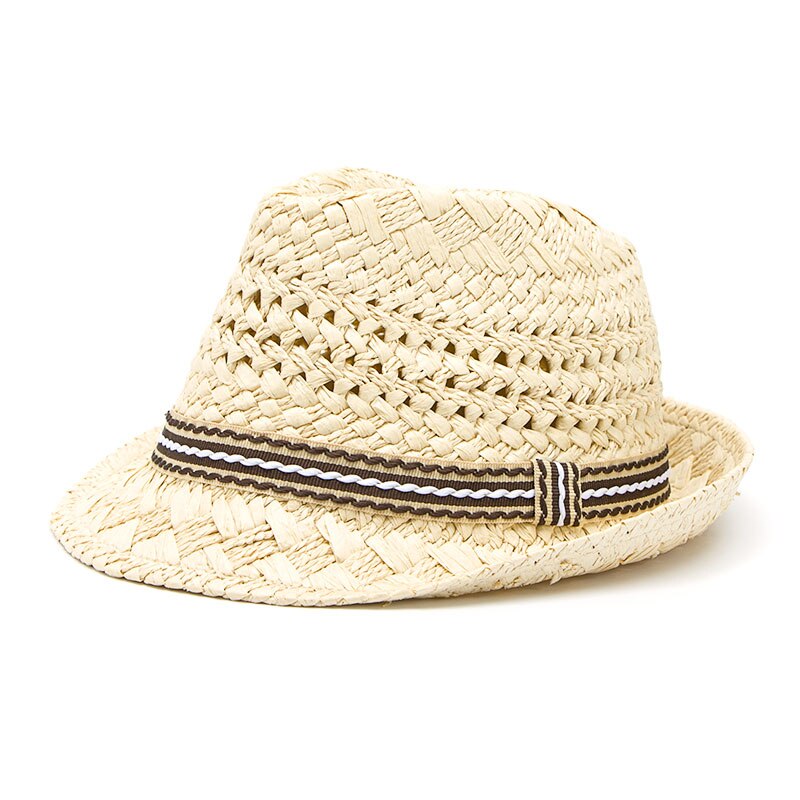 100% Handwork Child Summer straw Sun hat Boy Boho Beach Fedora hat Sunhat Trilby Girl Panama Hat Gangster Cap 25: Light Tan