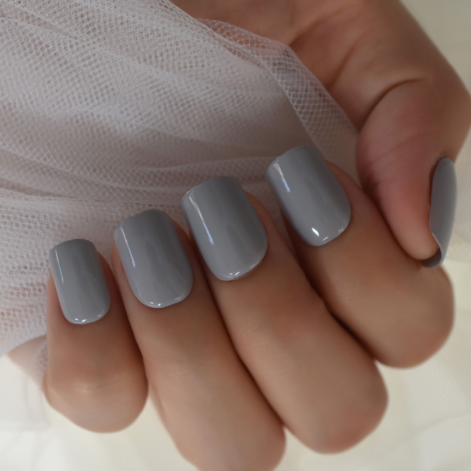 Faux Ongles à pression, brillant, haute luminosité, couverture complète, gris clair, couleur unie, manucure, avec onglets de colle
