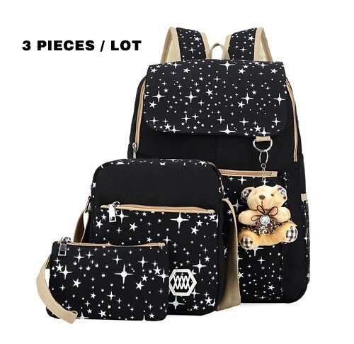 3 stk / sæt kvinder rygsæk skoletasker stjerne udskrivning søde rygsække med bjørn til teenagere piger rejsetaske rygsække mochila: Sort