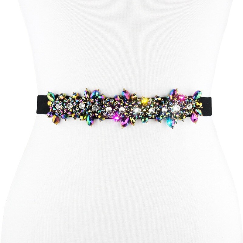 Frauen Klassische Elegante Breite Elastische strecken Taille Band mit Dekorative Strass Perlen Blume Taille Gürtel Bund B68