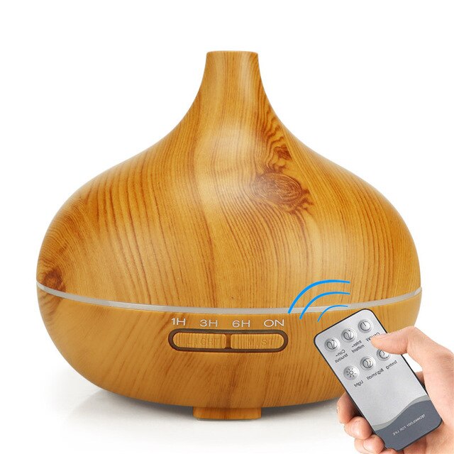 550ML Electric Aroma Diffuser Air Humidifier Essential Oil Diffuser Ultrasonic Remote Control Color LED Lamp Mist Maker Car HOME: Light wood grain1 / US