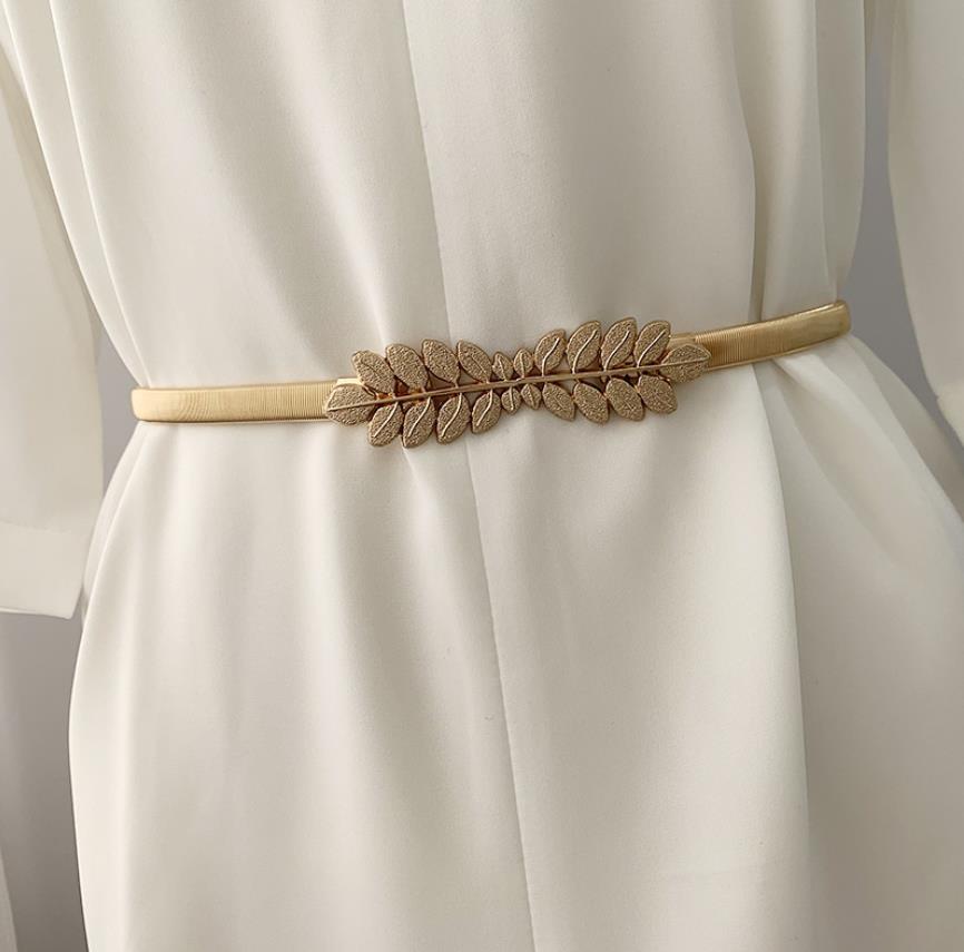 Luksus elastisk metal talje sølv guld kædebælter kvindelige runde bladspænde til kvinder kjoler rem linning: 2