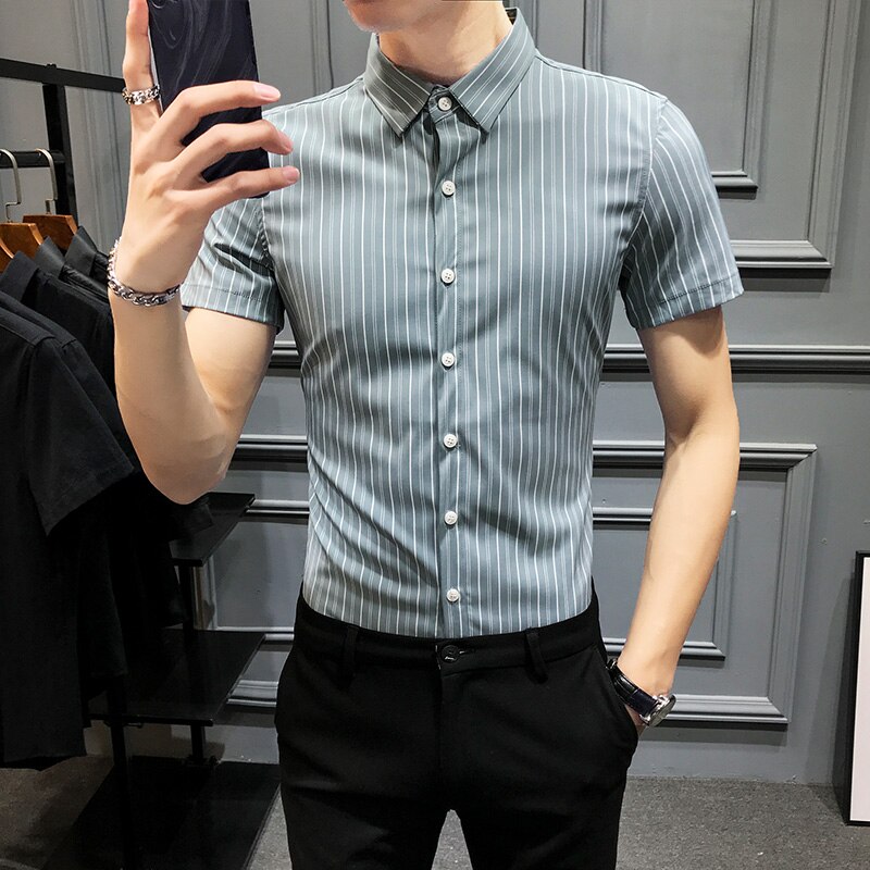 Sommer herre stribet skjorte mærke slim fit kortærmede herre sociale skjorter afslappet enkel all match bluse homme