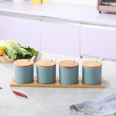 Smuk sukkerskål hjemmekøkken 4 in 1 sæt keramik salt krydderi krukker med 4 skeer sorte ord kan fjernes: Design 12