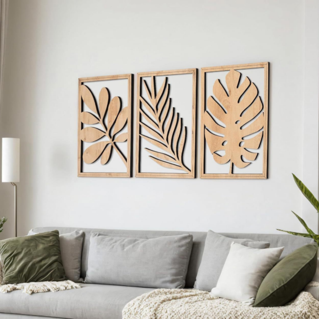 La decoración colgante de pared del hogar de hojas de madera de 3 piezas es adecuada para decoración artística de pared en salas de estar, dormitorios y oficinas