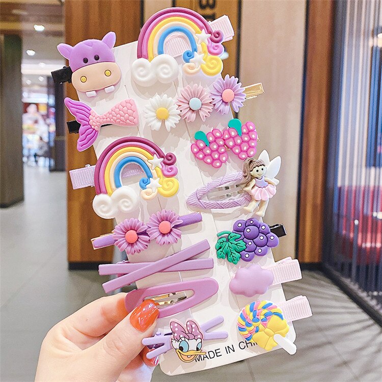 14 unids/caja niños dulce lindo de dibujos animados de seguridad adorno para el cabello Clips chicas bebé bandas para el cabello de los niños horquillas accesorios para el cabello: 14PC Purple Headwear