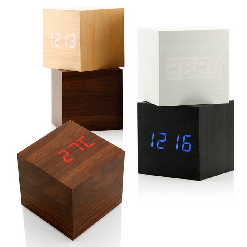 4Colors Wooden Square LED Alarm Clock Desktop Digital Clock Thermometer Wood USB Date Display Touch Enabled