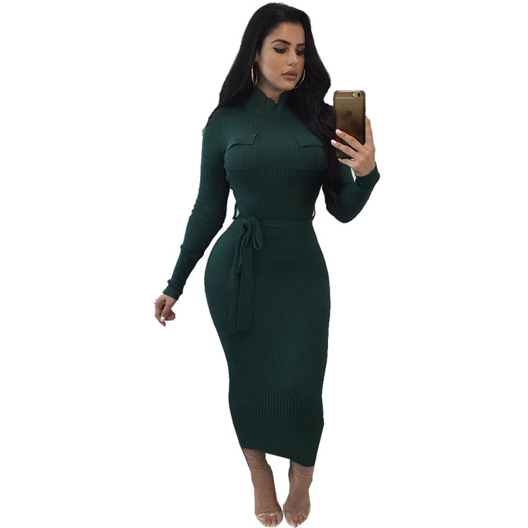 hoch Nacken angeschnallt Strickkleid Frauen Winter Kleid Langarm zur Seite fahren Kleid Weibliche Taschen Bodycon Büro Kleid Kleid MT2237: Grün / S