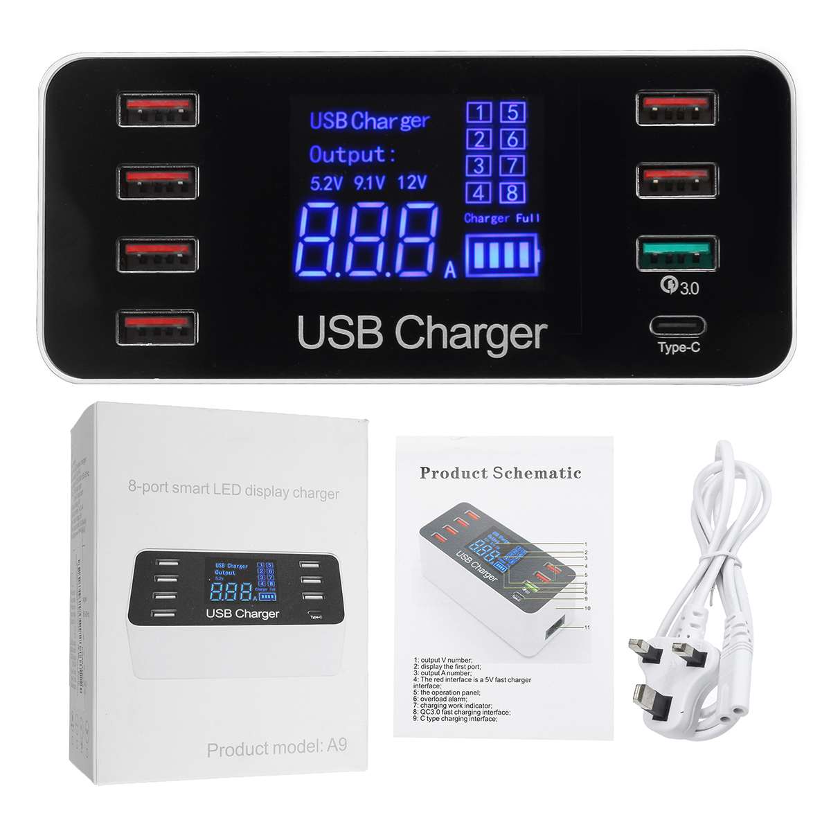 Quick Charger 3.0 Usb Charger 40W Usb Type C Snel Opladen Station Mobiele Telefoon 8 Poort Multi Smart lader Met Led Display: uk