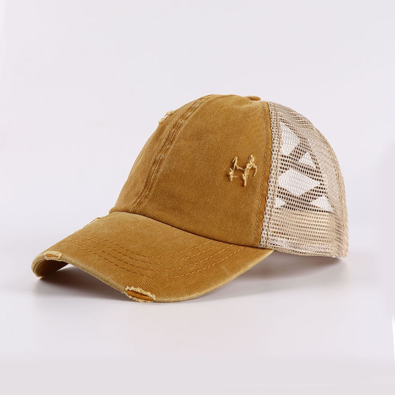 verano entrecruzado Cola de Caballo gorra de béisbol mujeres lavado algodón desordenado moño Pony Tail Hat Snapback malla camionero papá sombreros: Amarillo