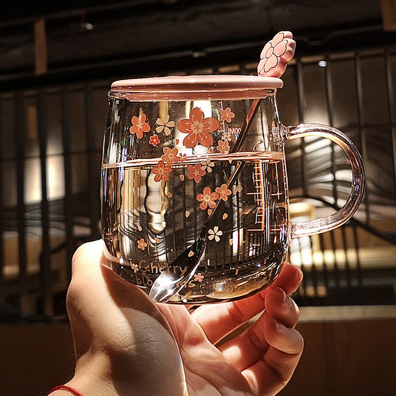 Taza de café de cristal con flor de cerezo, vaso con cuchara, amantes de la personalidad, para café, zumo, té, desayuno, utensilio para bebidas, 500ml: C