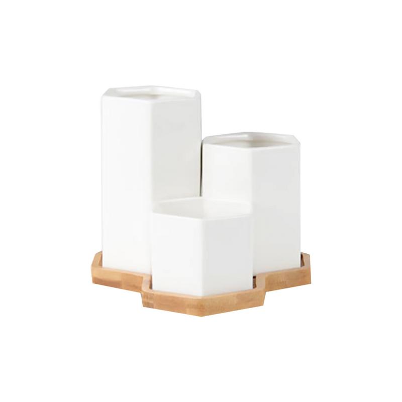 Succulent Flower Pot Fleshy Plants Hexagonal Pottery Innovative White Ceramic Bonsai With Bamboo Tray Home Decoration: Type 1